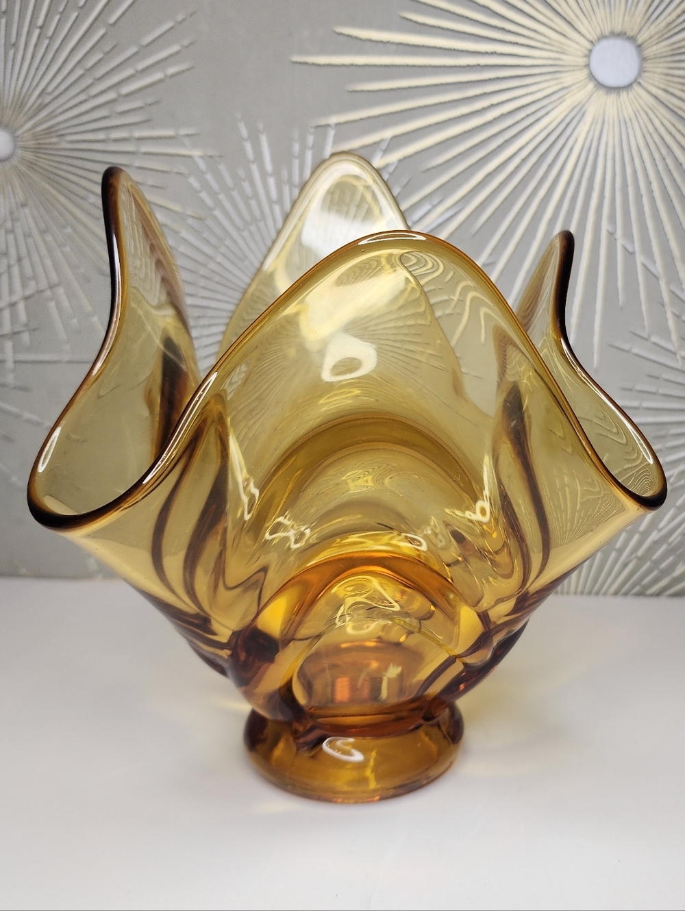 Amber Art Glass Ruffled Vase